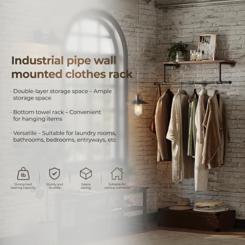 36In Industrial Pipe Clothing Rack with Top Shelf, Space-Saving Wall Mounted ...