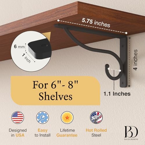 Closet Rod Bracket, 6 Inch Hook Shelf Brackets Heavy Duty Wall Mounted, Black...
