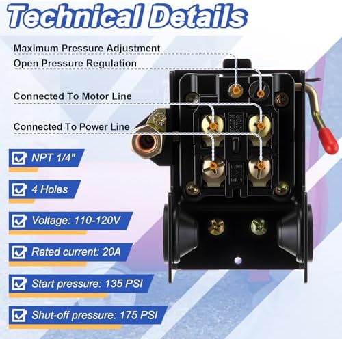 Dreyoo Air Compressor Pressure Switch, 135-175 PSI, 4 Port Plug Fitting Kit