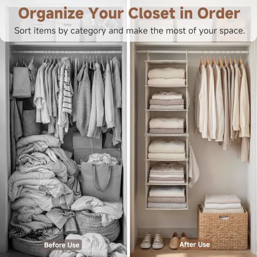StorageWorks Hanging Closet Organizer, 6-Shelf with 2-in-1 Design, Ivory