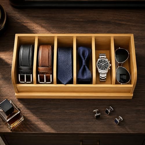 MinBoo Bamboo Belt Organizer Box,6 Grids Belt Rack, Belt Organizer for Closet...