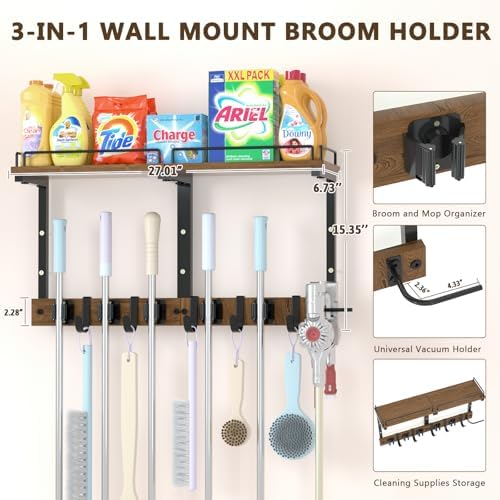 Broom and Mop Organizer Wall Hanging with Cleaning Supplies Organizer,Brown