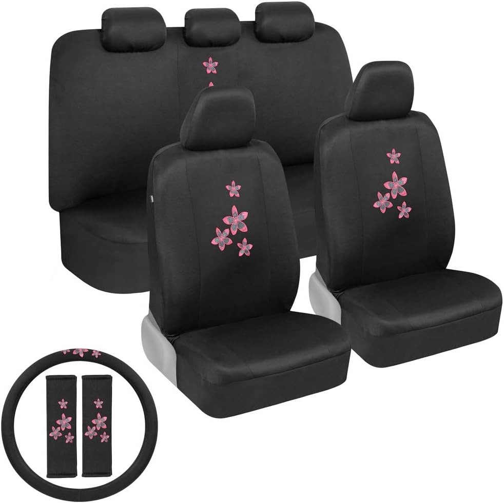 BDK Pink Floral Flower Print Car Seat Covers, Full Set with Steering Wheel Co...