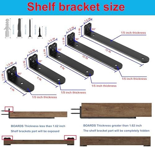 10Inch Black Heavy Duty Floating Shelf Bracket 6 Pack 3-Hole Mount