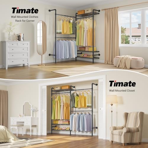 Timate F2 Industrial Pipe Clothes Rack Wall Mounted Clothing Rack for Hanging...