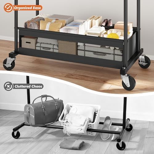 Clothes Rack 210 LBS Double Rods Extra Storage Basket