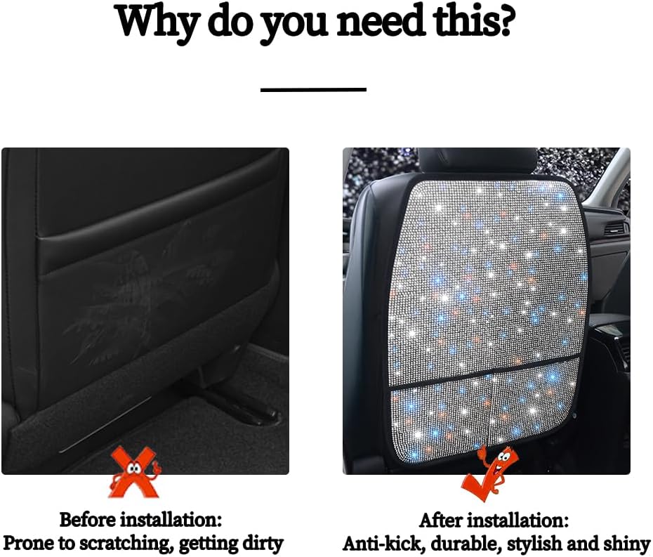 Bling Crystal Car Seat Back Kick Protectors with Storage, Sparkly Diamond Kic...