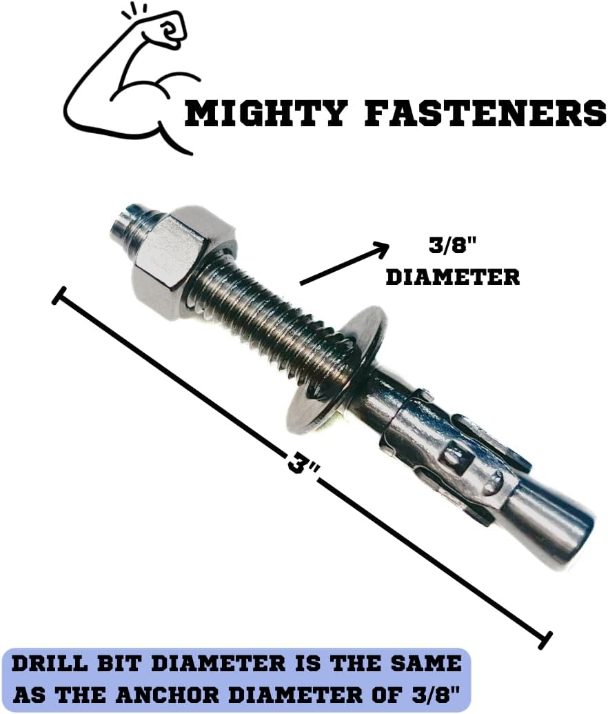 Mighty Fasteners 304 Stainless Steel Wedge Anchors 3/8" X 3" - 25 Pack