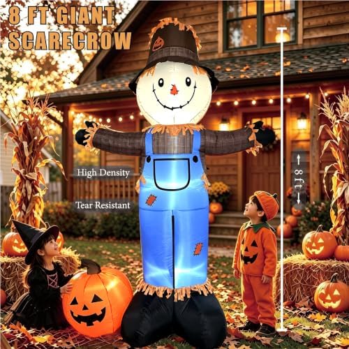 8 FT Fall Inflatables Scarecrow Decorations, Scarecrow with Pumpkin Inflatabl...