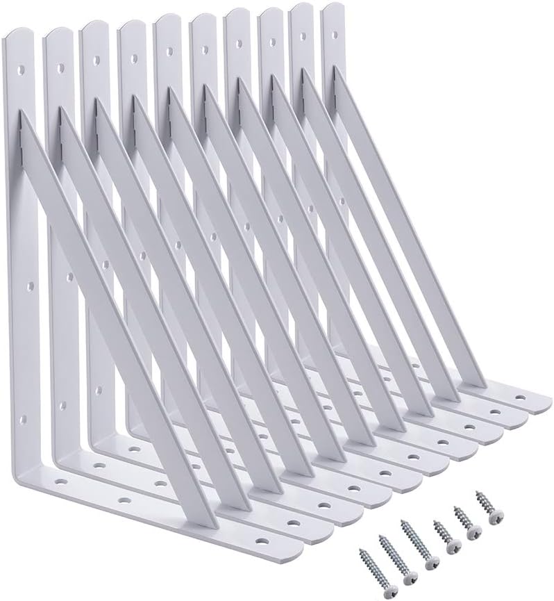 Heavy Duty Shelf Brackets, 12 x 8 Inch White Metal L Brackets, 10 Pack
