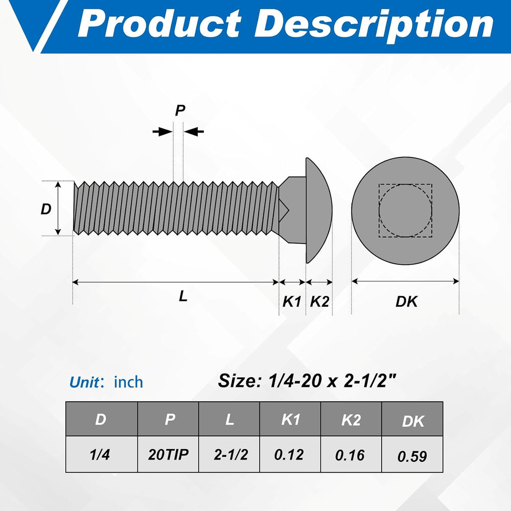 Zonon 50 Sets 1/4-20 x 2-1/2" Carriage Bolts and Nuts Kit,Silver