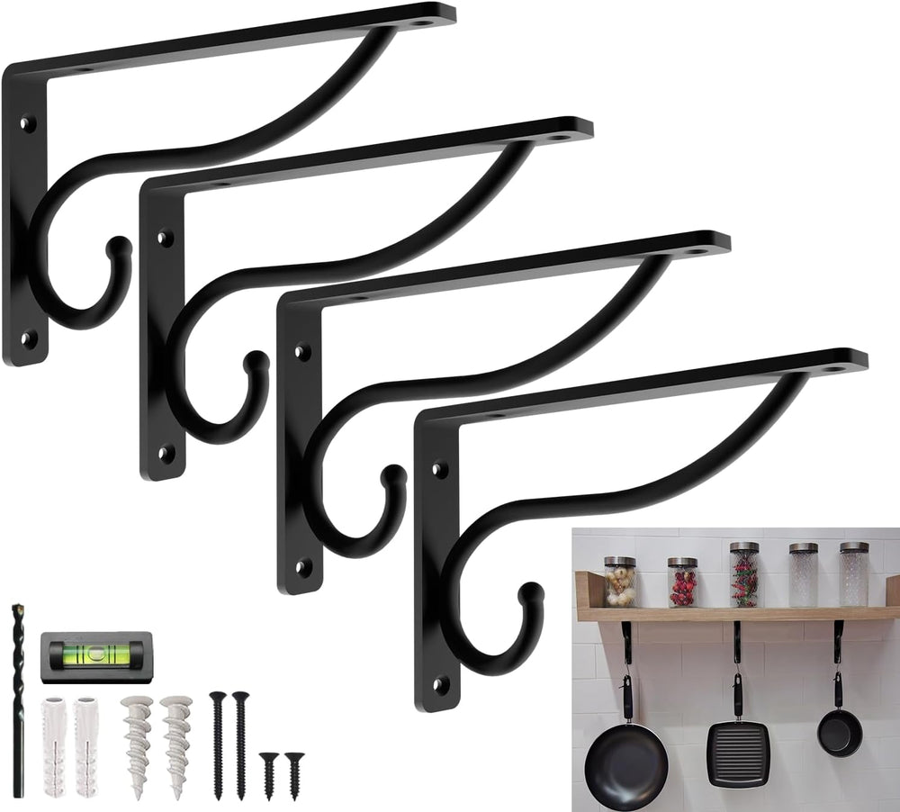 Closet Rod Bracket, 6 Inch Hook Shelf Brackets Heavy Duty Wall Mounted, Black...