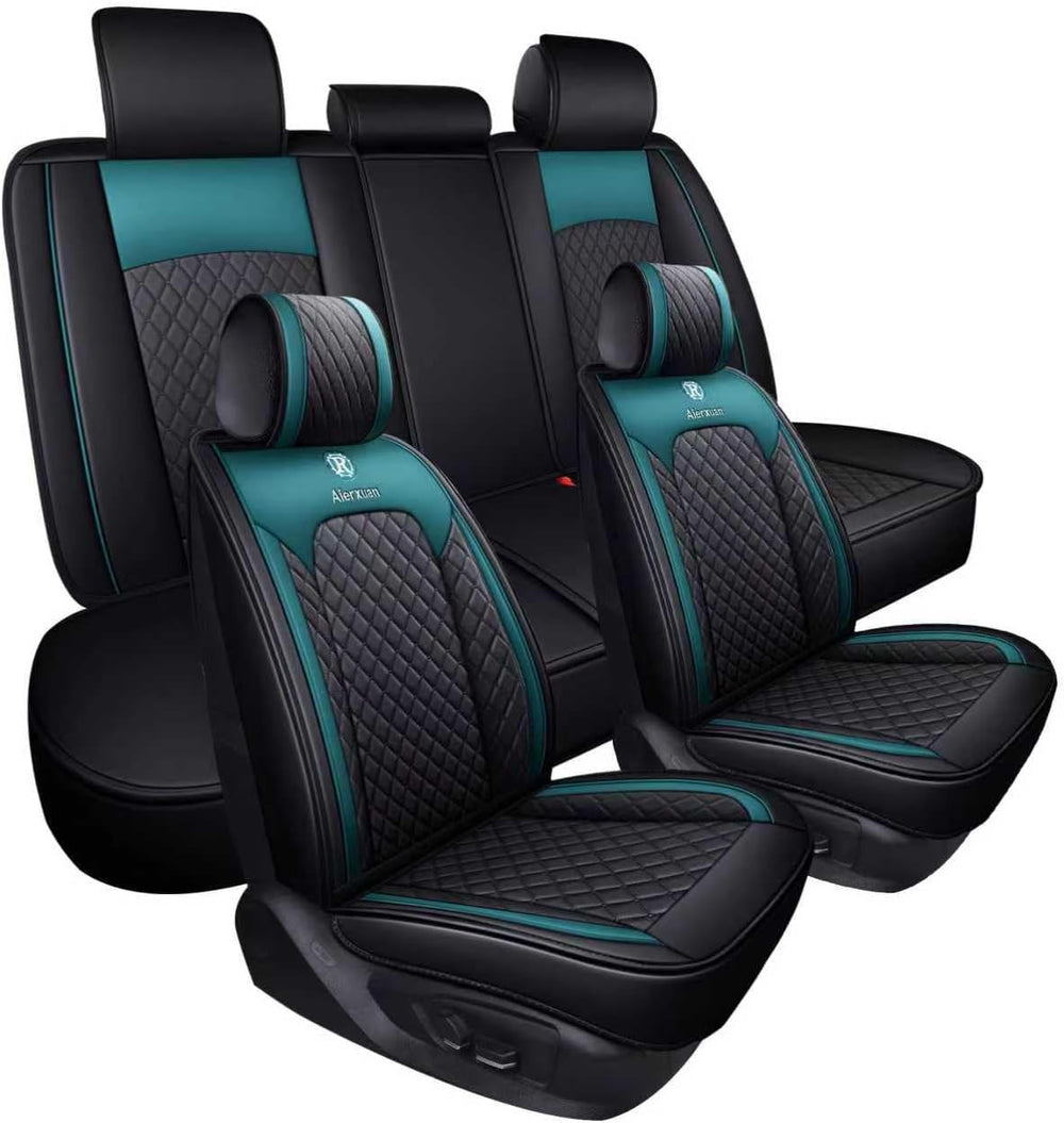 5 Car Seat Covers Full Set Waterproof Leather, Black-Green
