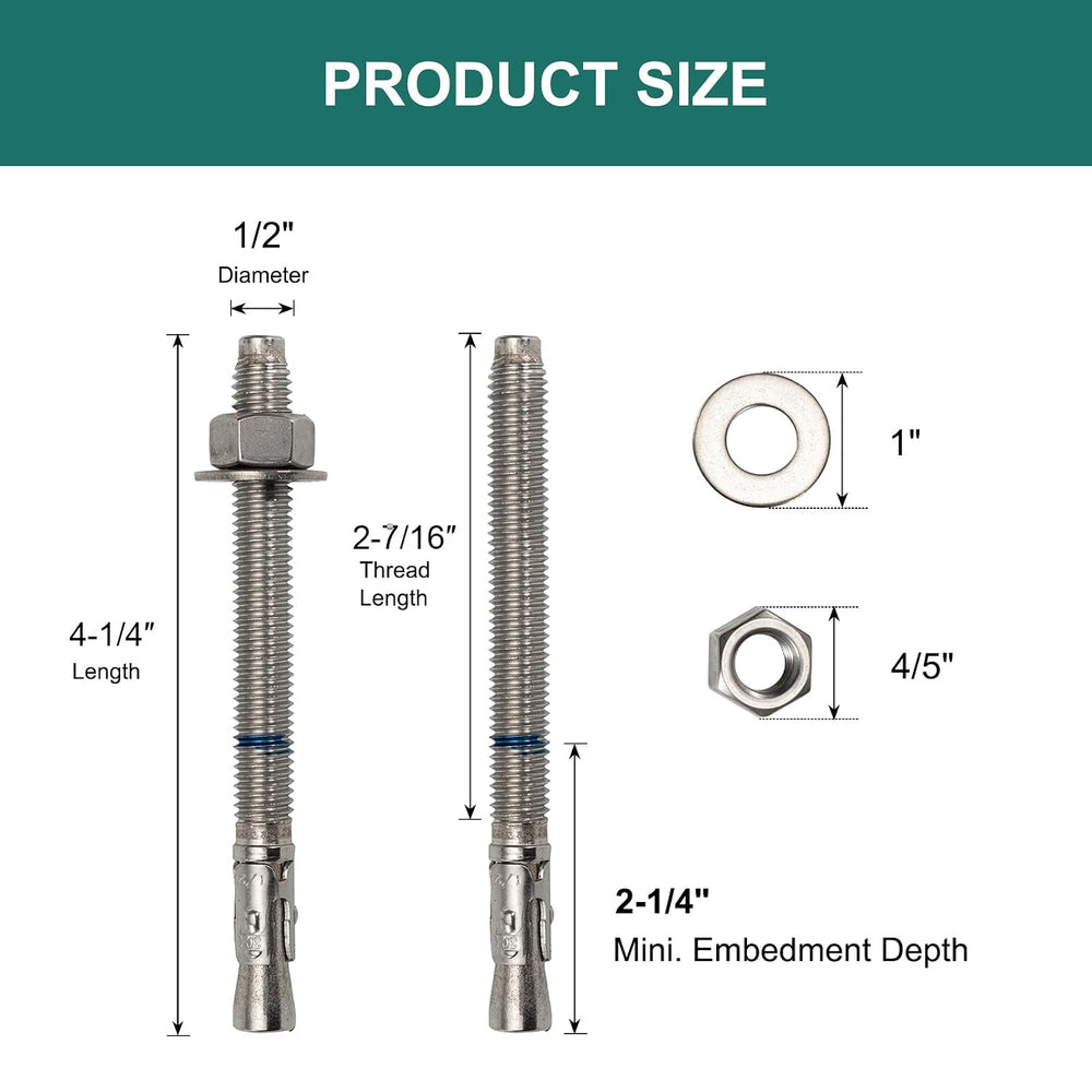 1/2" x 4-1/4" Concrete Anchors (12 Pack) 1/2 inch Wedge Anchors Bol...
