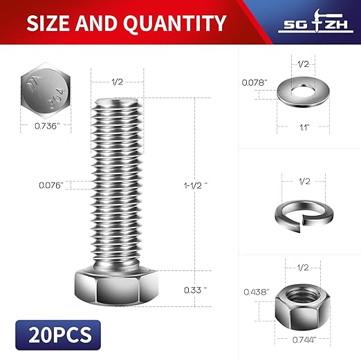 1/2-13 x 1-1/2" Hex Head Screw Bolt, Flat & Lock Washers, Fully Thre...