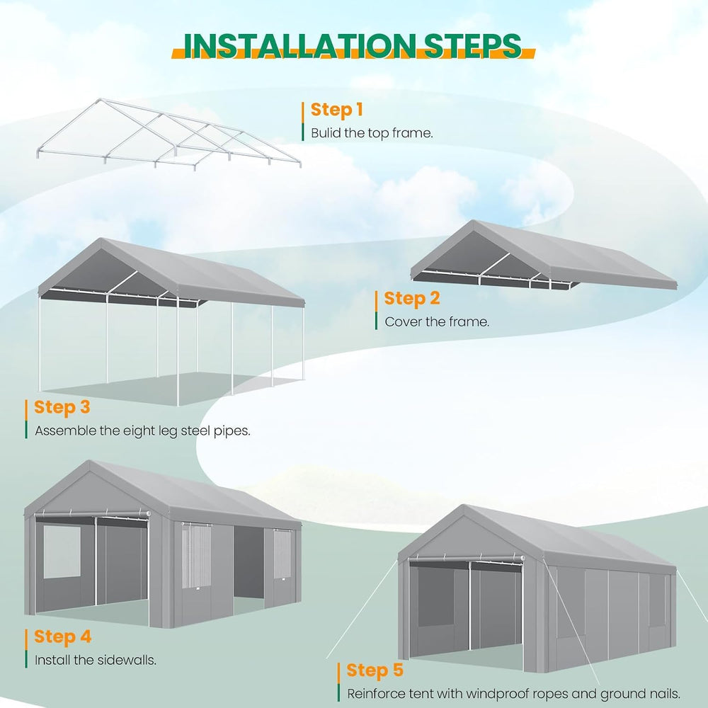 12x20 FT Heavy Duty Carport with Galvanized Frame, Gray