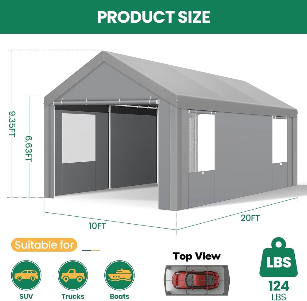 10x20 FT Heavy Duty Carport with Galvanized Frame，Gray