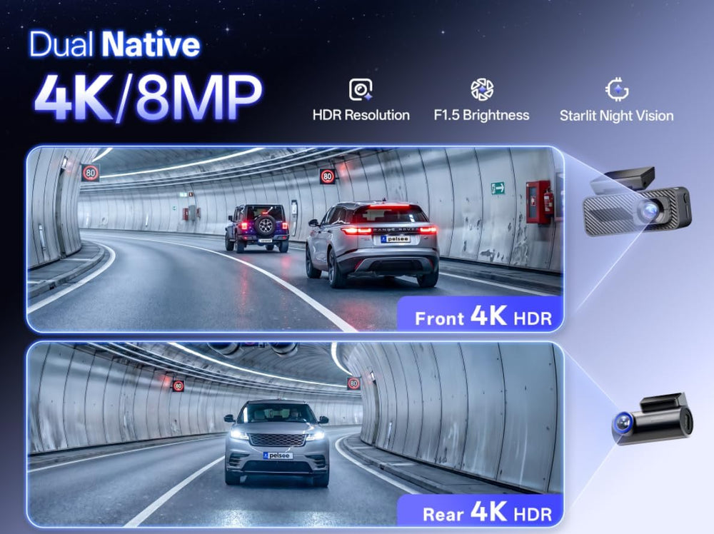 Pelsee S1 Pro Native 4K + 4K Dash Cam Front and Rear, 128GB Card Included