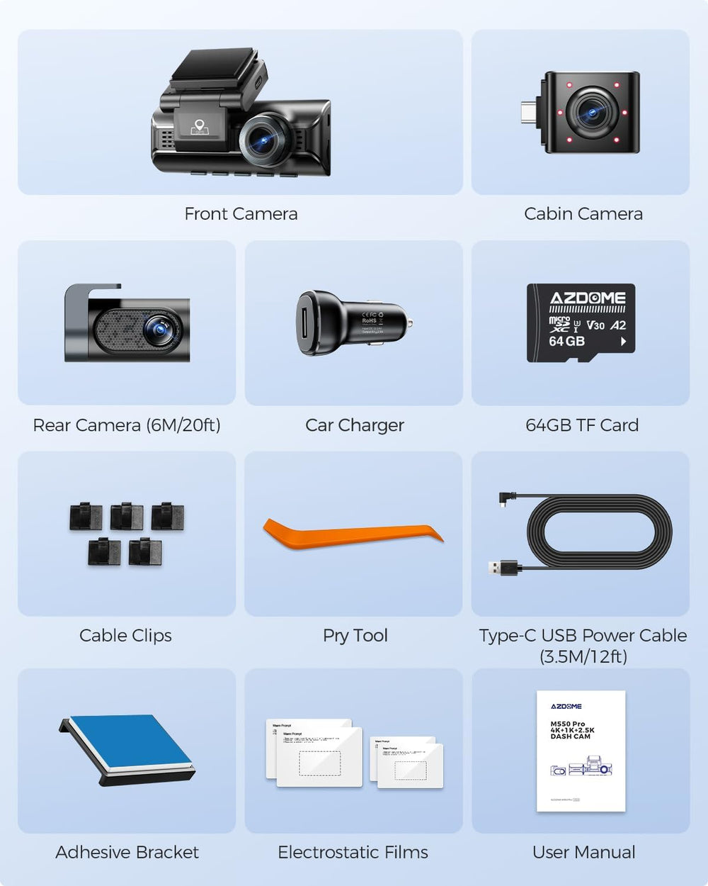 AZDOME 3 Channel Dash Cam Front and Rear Inside, 4K+1080P+2.5K ADAS Dash Cam,...