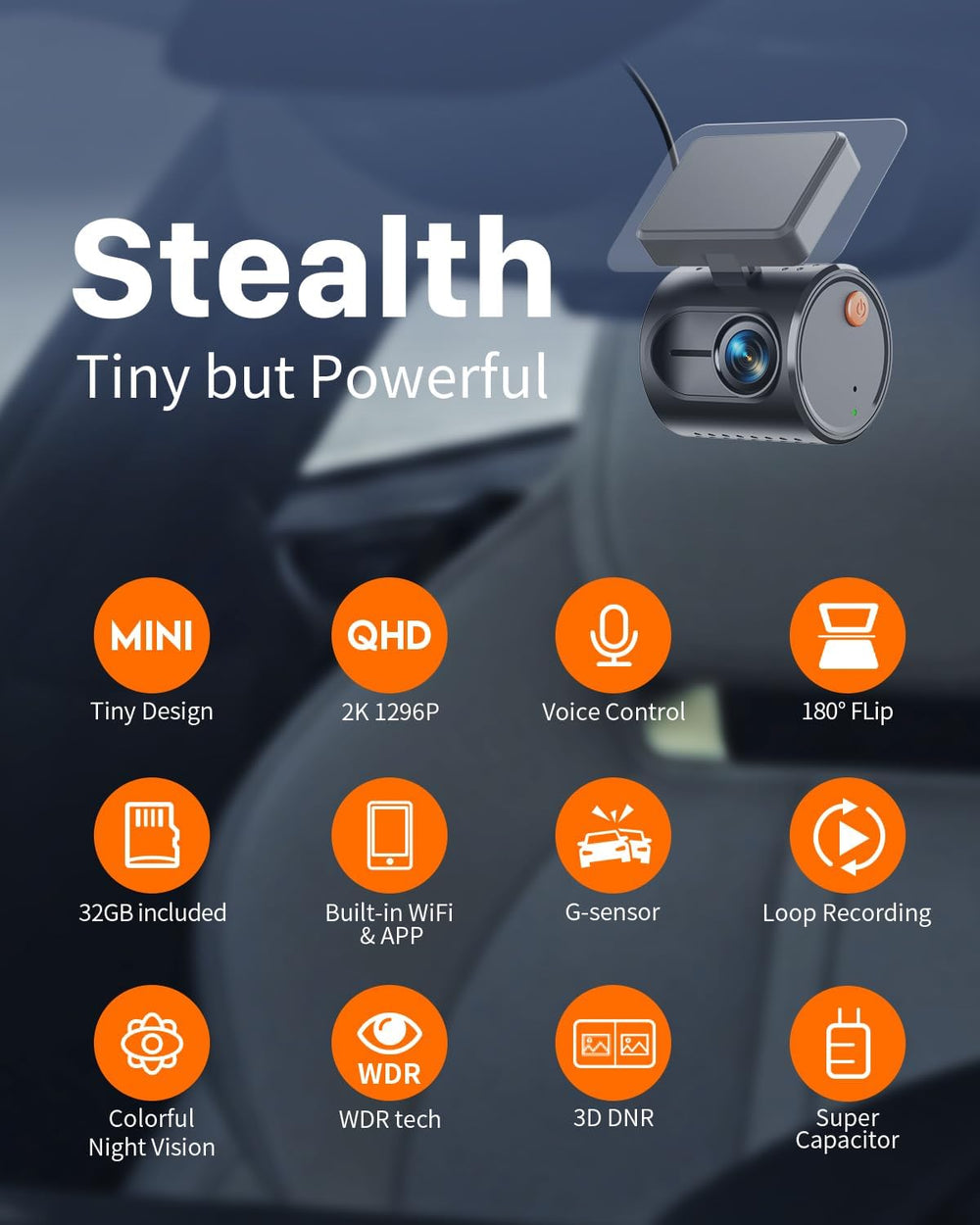 KAWA Tiny Dash Cam, Voice Control & WiFi 2K Mini Camera for Car