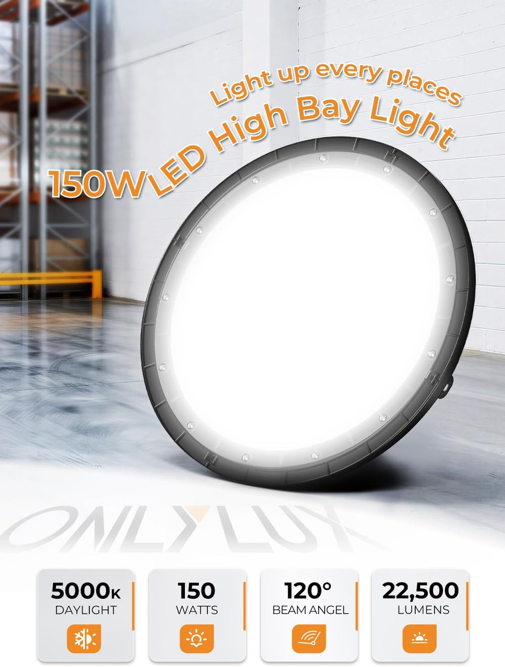 150W UFO LED High Bay Light 22500LM 5000K High Bay Shop Lighting