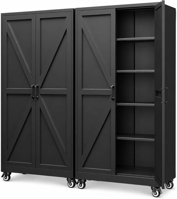 BYNSOE Metal Garage Storage Cabinet with 4 Adjustable Shelves Storage Cabinet with Wheels Steel Tool Cabinets with Locking Door for Home, School, Office, Garage (Black, 75 inch)