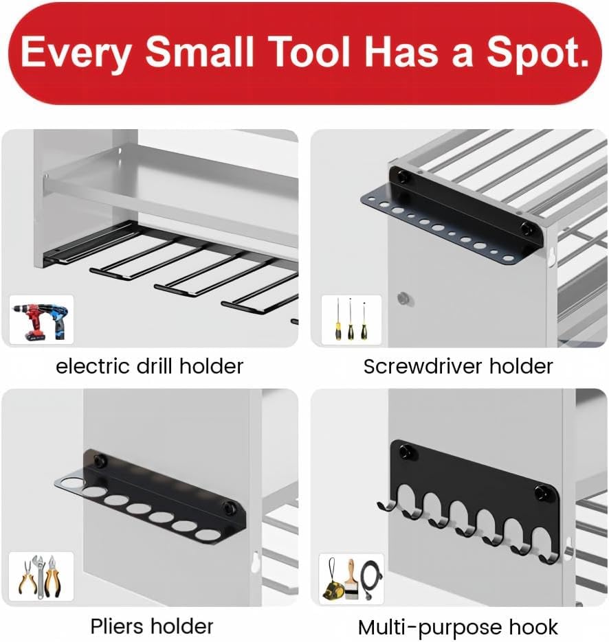 Power Tool Organizer Wall Mount with Power Strip, 4 Layers