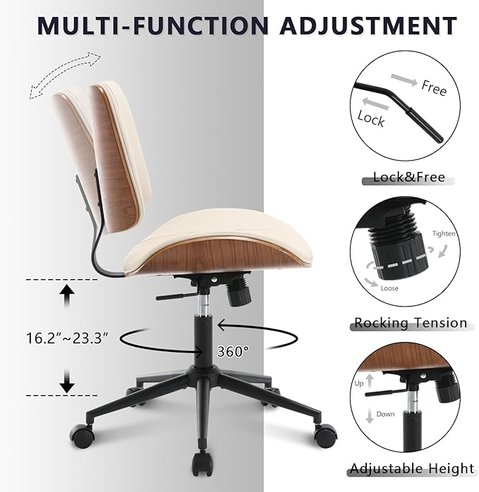 Home Office Chair No Arms with Wheels, Adjustable Height Small Desk Chair
