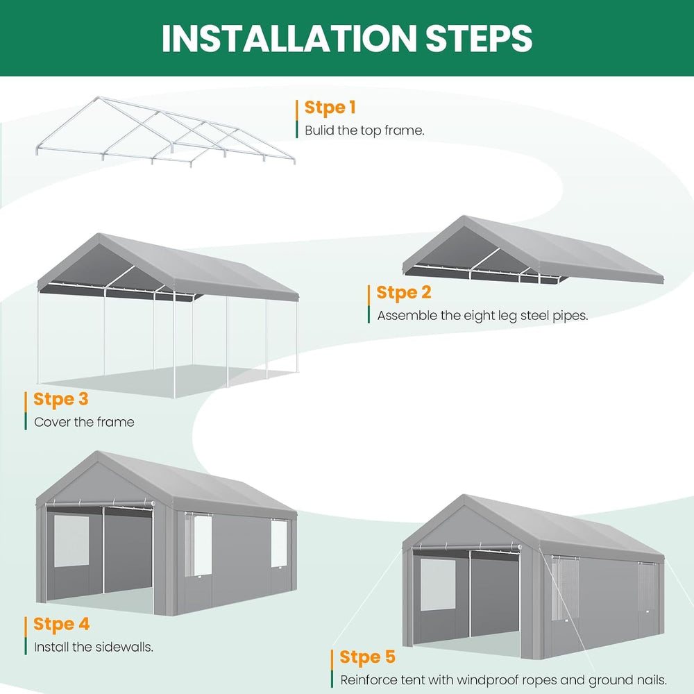 10x20 FT Heavy Duty Carport with Galvanized Frame，Gray