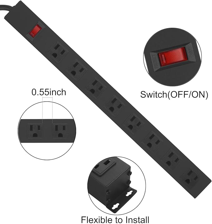 4Pack Metal 8 Outlet Mountable Power Strip, Wall Mount Outlet Heavy Duty
