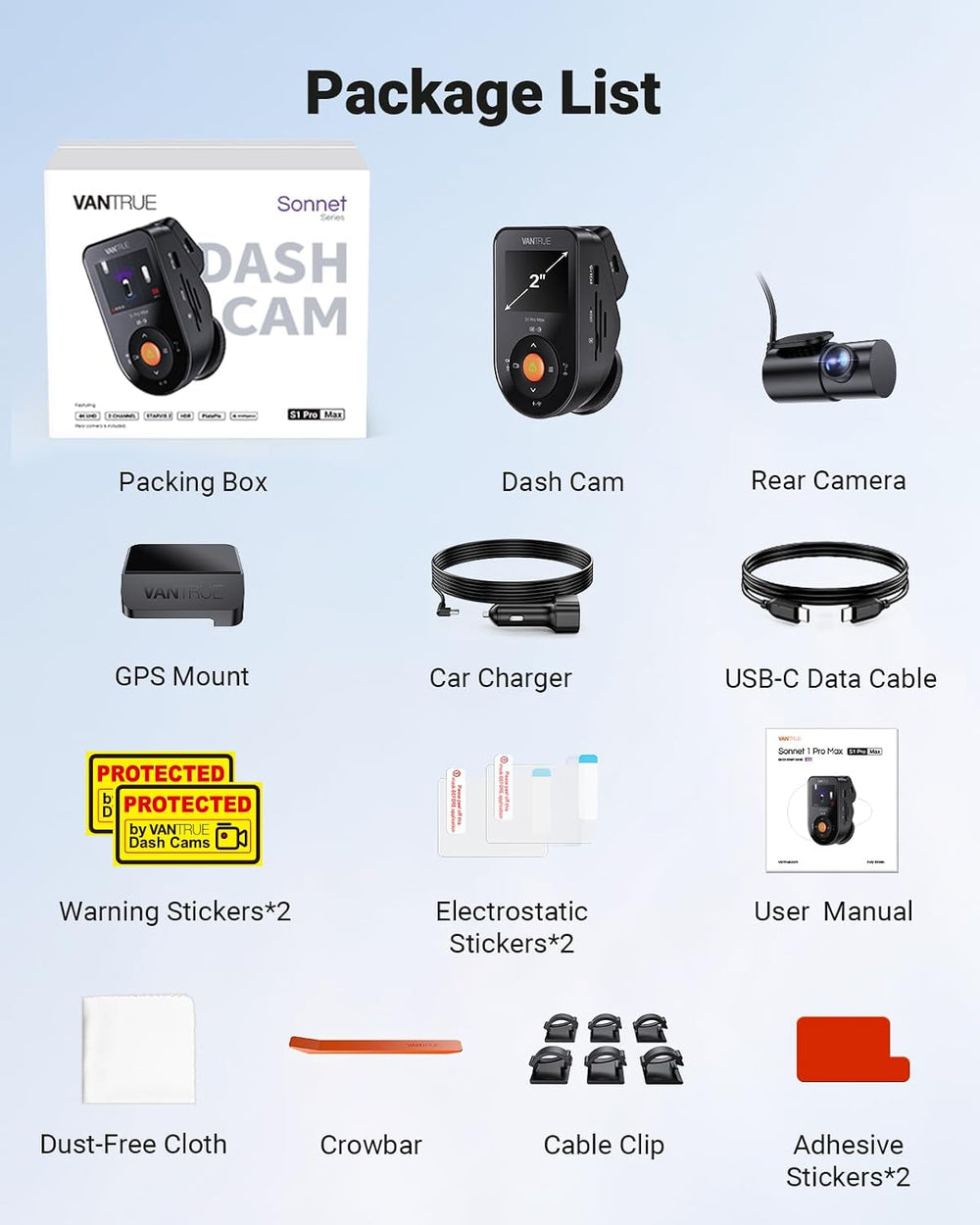 Vantrue S1 Pro Max 4K+2.5K Dash Cam Front and Rear