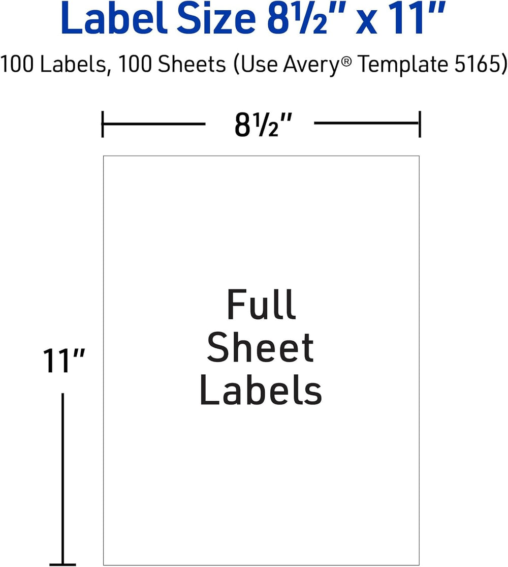 Avery 5165 TrueBlock Full Sheet Labels, Laser Print, 8.5 x 11, White, 100/Box