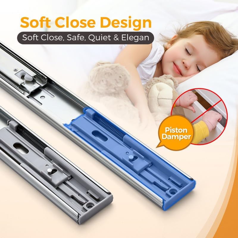 22 Inch Soft Close Drawer Slides, Side Mount Ball Bearing, 10 Pairs, Silver