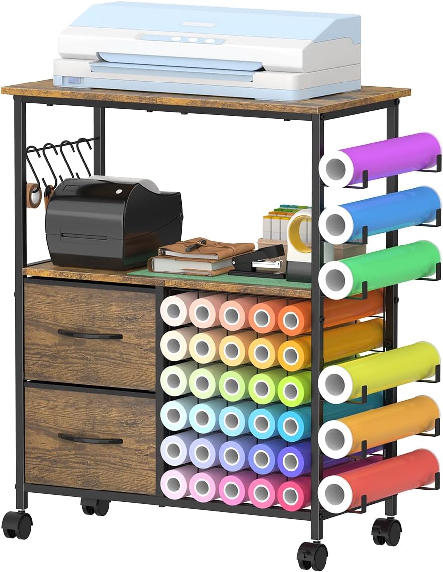 Storage Cart Compatible with Cricut Machines, 30 Vinyl Roll Holders with 2 Dr...