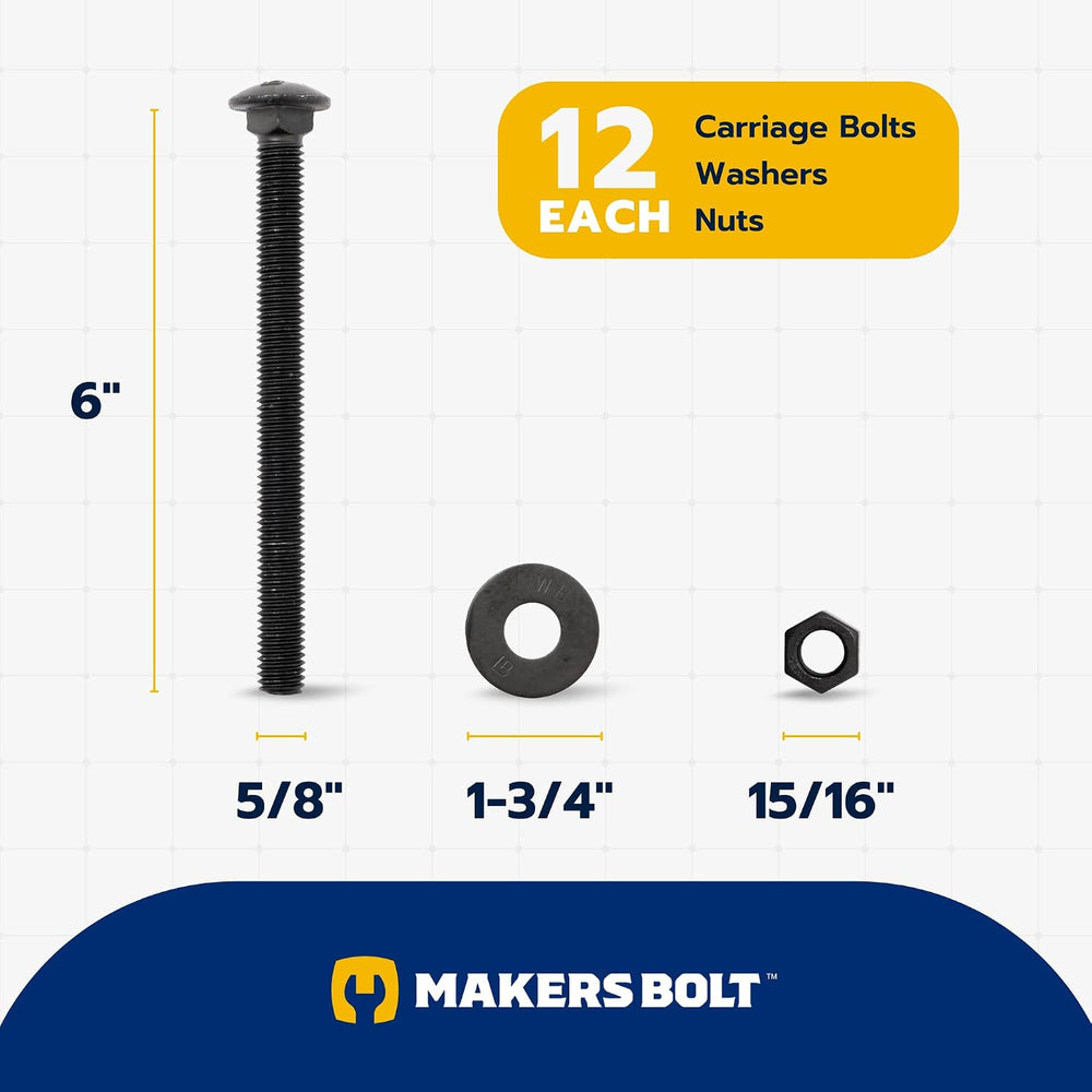 5/8 in. x 6 in. Black Carriage Bolt Kit Includes 12 Bolts, 12 Washers, and 12...