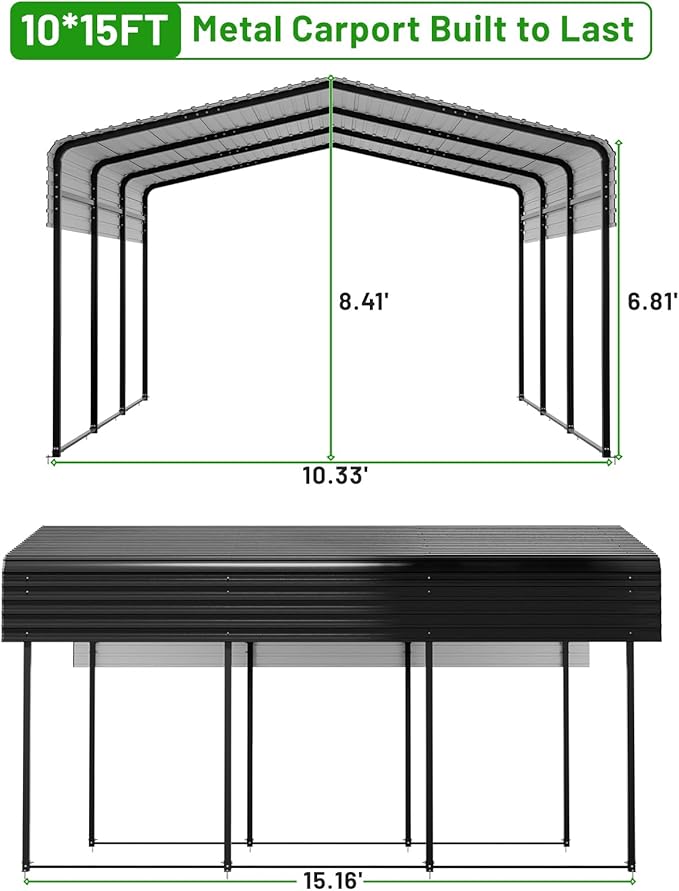 10 x 15 FT Metal Carport with Heavy Duty Galvanized Steel Roof & Durable ...