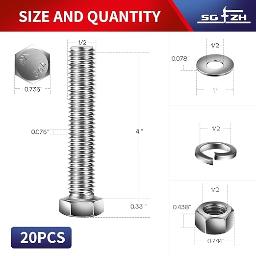 1/2-13 x 4" Hex Head Screw Bolt, Flat & Lock Washers, Fully Threaded...