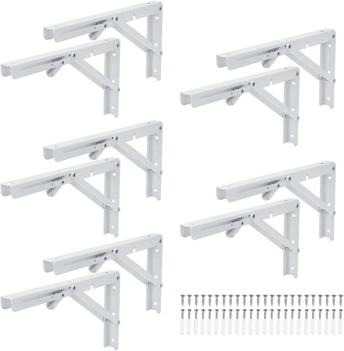 10 Pack 12 Inch White Folding Shelf Brackets with Screw, Collapsible Shelf Bracket Wall Mounted, Heavy Duty Folding Shelf Brackets for Wood Shelves, Wall-Mounted Tables & More