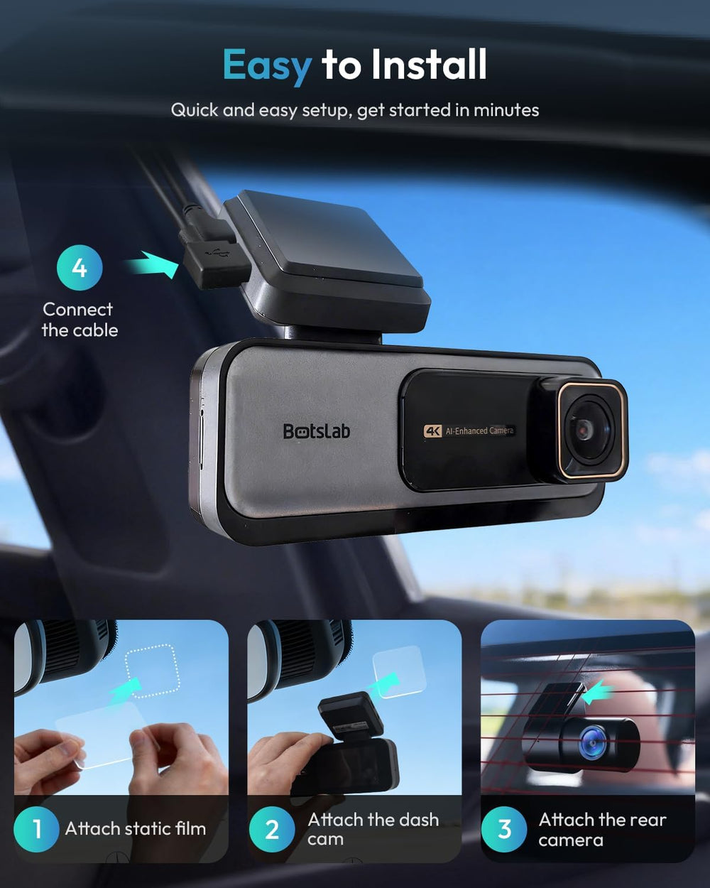 BOTSLAB G980H 4K STARVIS Dash Cam Front and Rear, No SD Card[2026 Upgraded]