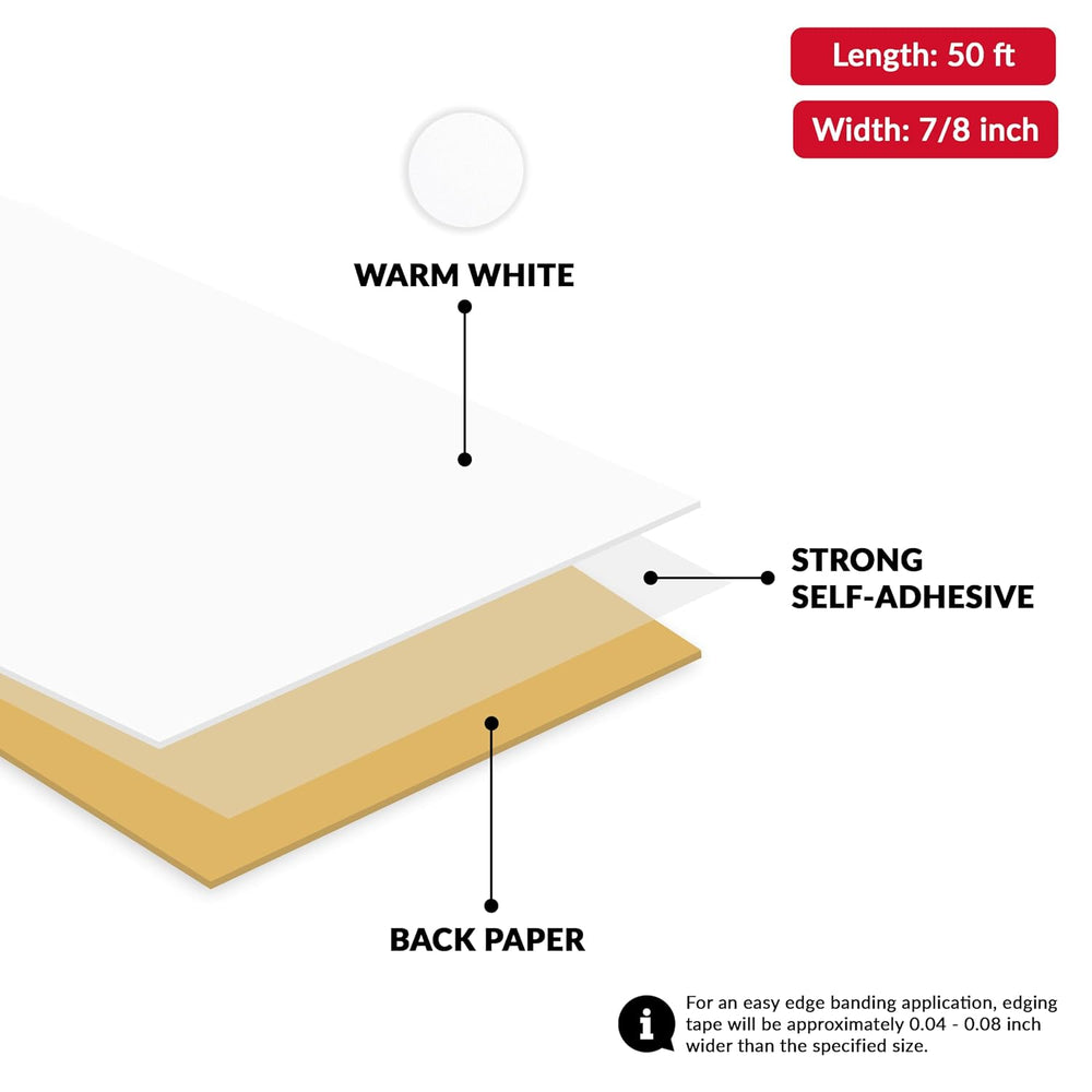 White PVC 7/8 inch x 50 ft Edge Banding Tape Peel Stick Adhesive Edging Venee...