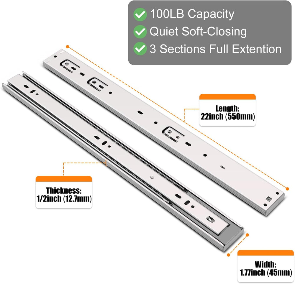 22 Inch Soft Close Drawer Slides, 5 Pairs