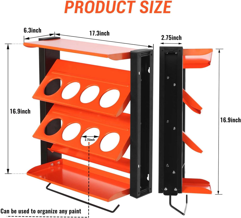 Spray Can Holder, Wall Mount Paint Bottle Organizer 8 Holes & 2 Shelves