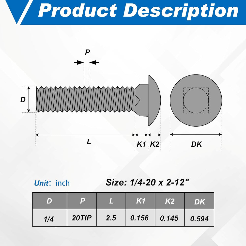 Zonon 50 Sets 1/4-20 x 2-1/2" Carriage Bolts and Nuts Kit,Black