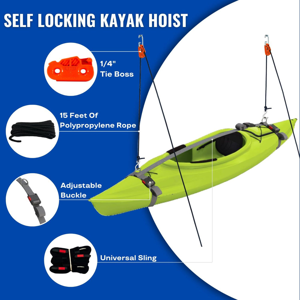 Tie Boss Kayak Hanger, Kayak Hoist & Overhead Garage Ceiling Storage System