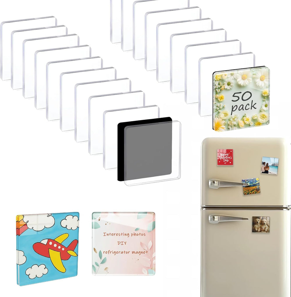 50-Pack 2x2 Inch Clear Acrylic Magnets with Strong Adhesive Backing, Easy Pee...