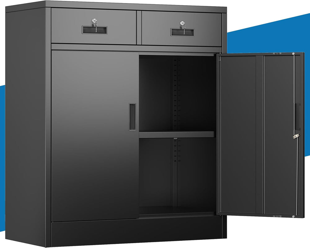 Metal Storage Cabinet, 36" Locking Cabinet with 2 Drawers & Shelves