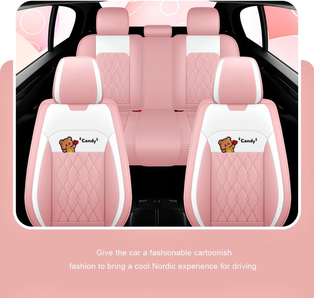 Cute Black Bear Car Seat Covers Full Set for Girls Women, PU Leather Automoti...