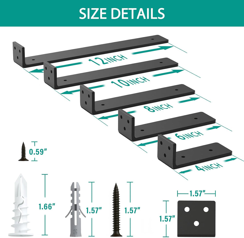 Goovilla Floating Shelf Brackets 8 Inch for 2×4" Wood Stud, 4 Pack, Black