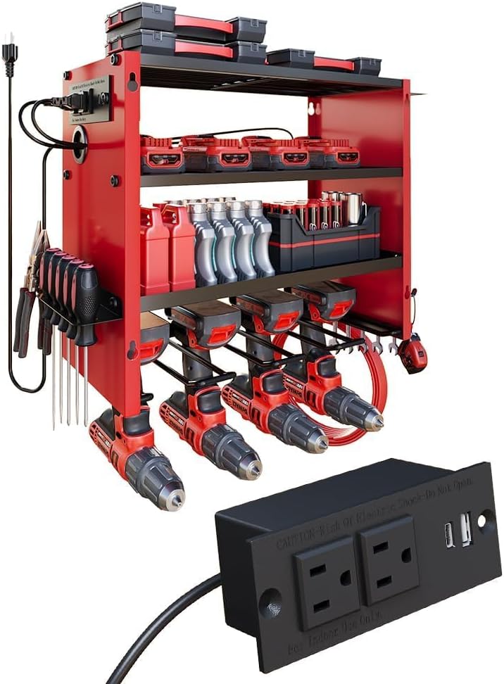 Power Tool Organizer Wall Mount with Power Strip, 4 Layers