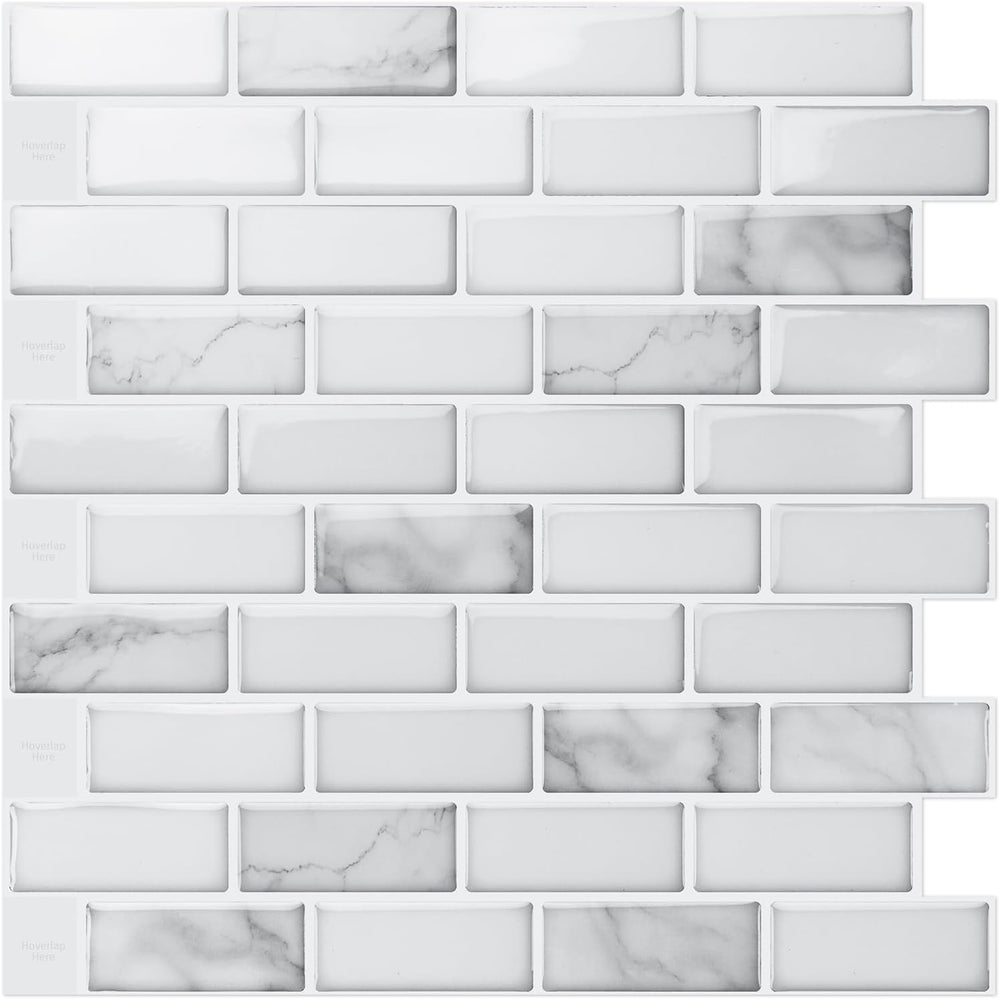 Art3d 10-Pack Peel and Stick Stone Backsplash Tile, 12" x 12", Whit...